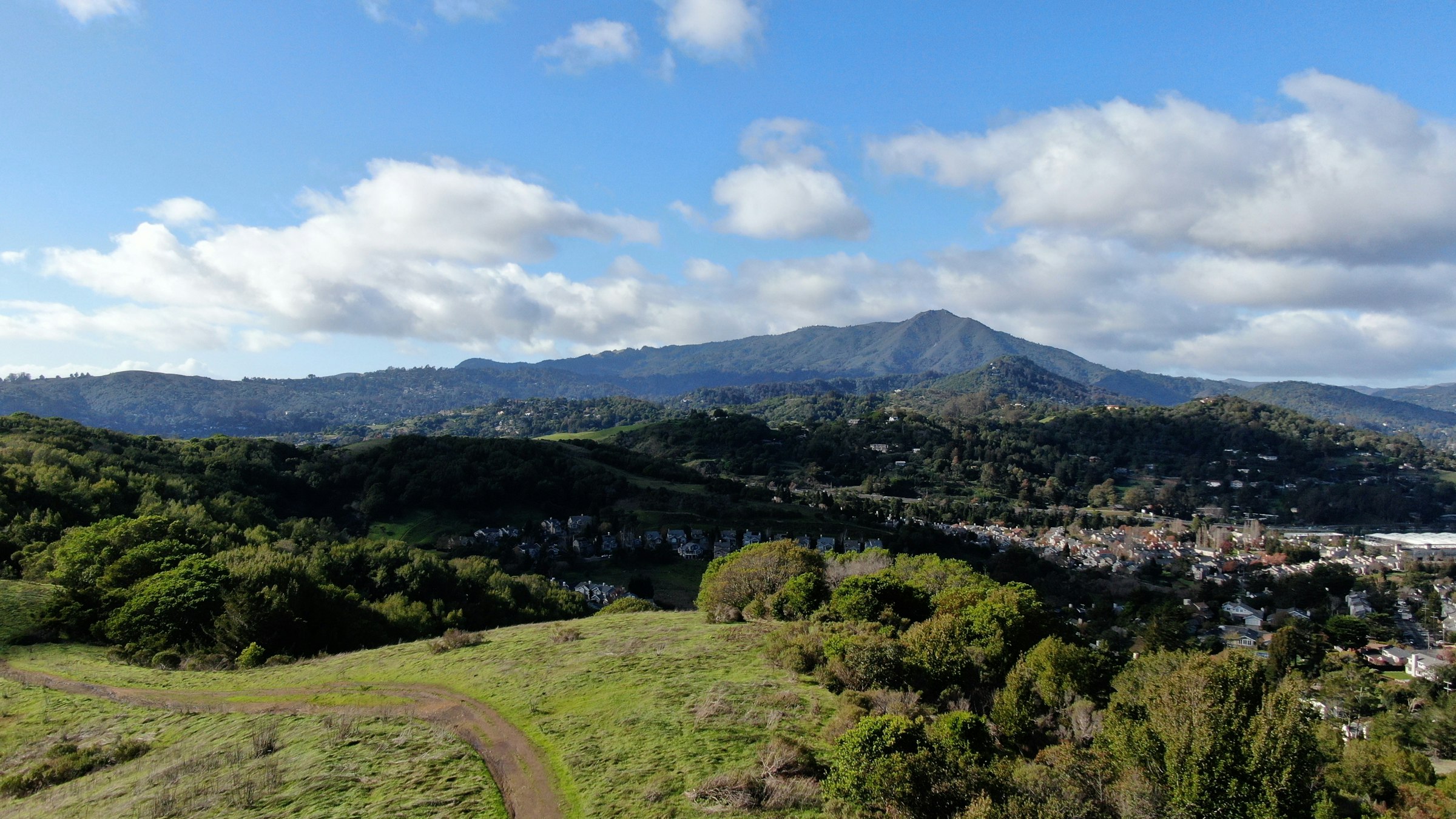 Aerial view of a Marin County town nestled among wooded hills, with Mount Tamalpais rising in the background and neighborhoods bordering open wildland