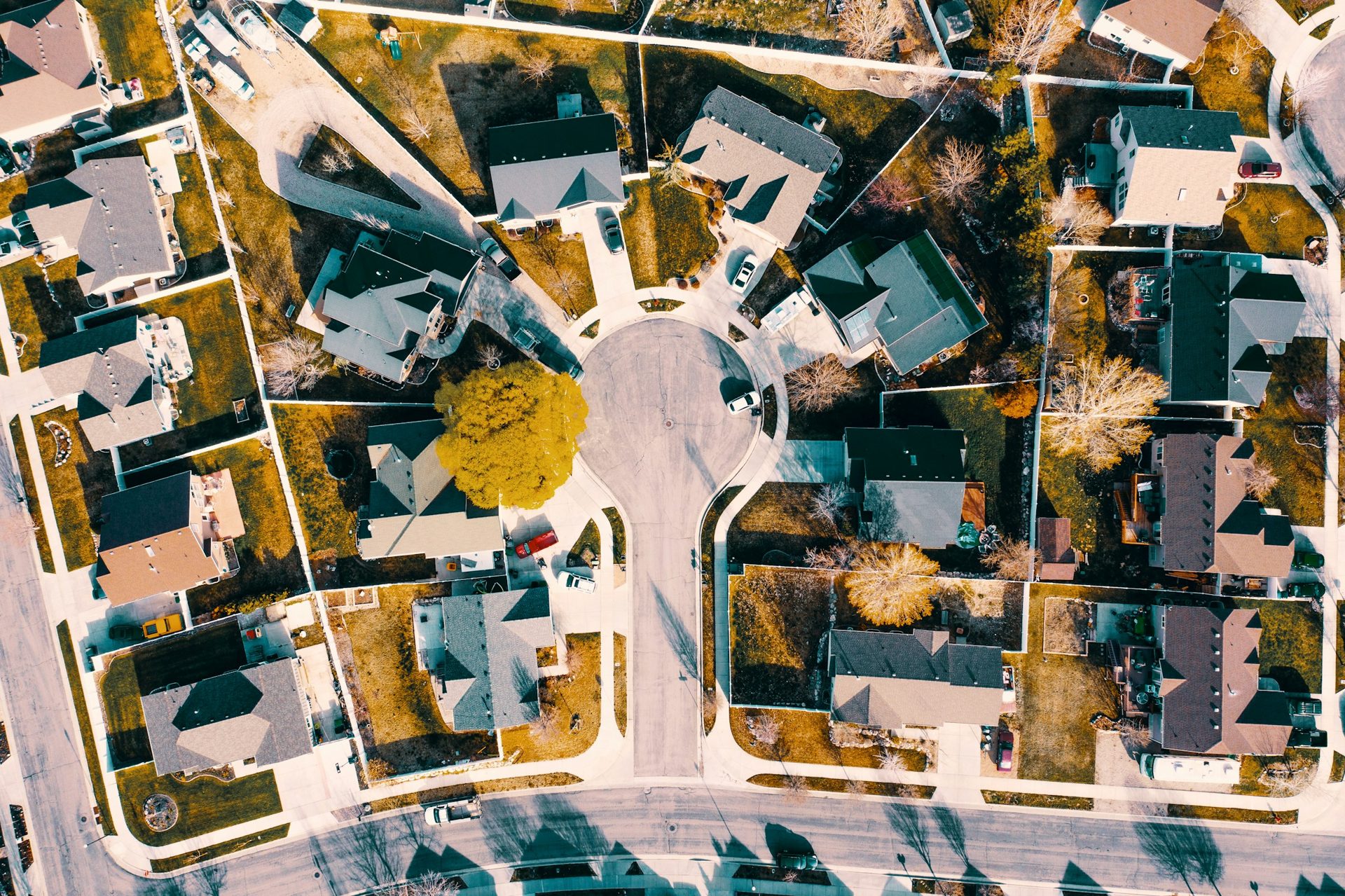 An American suburban neighborhood seen from above