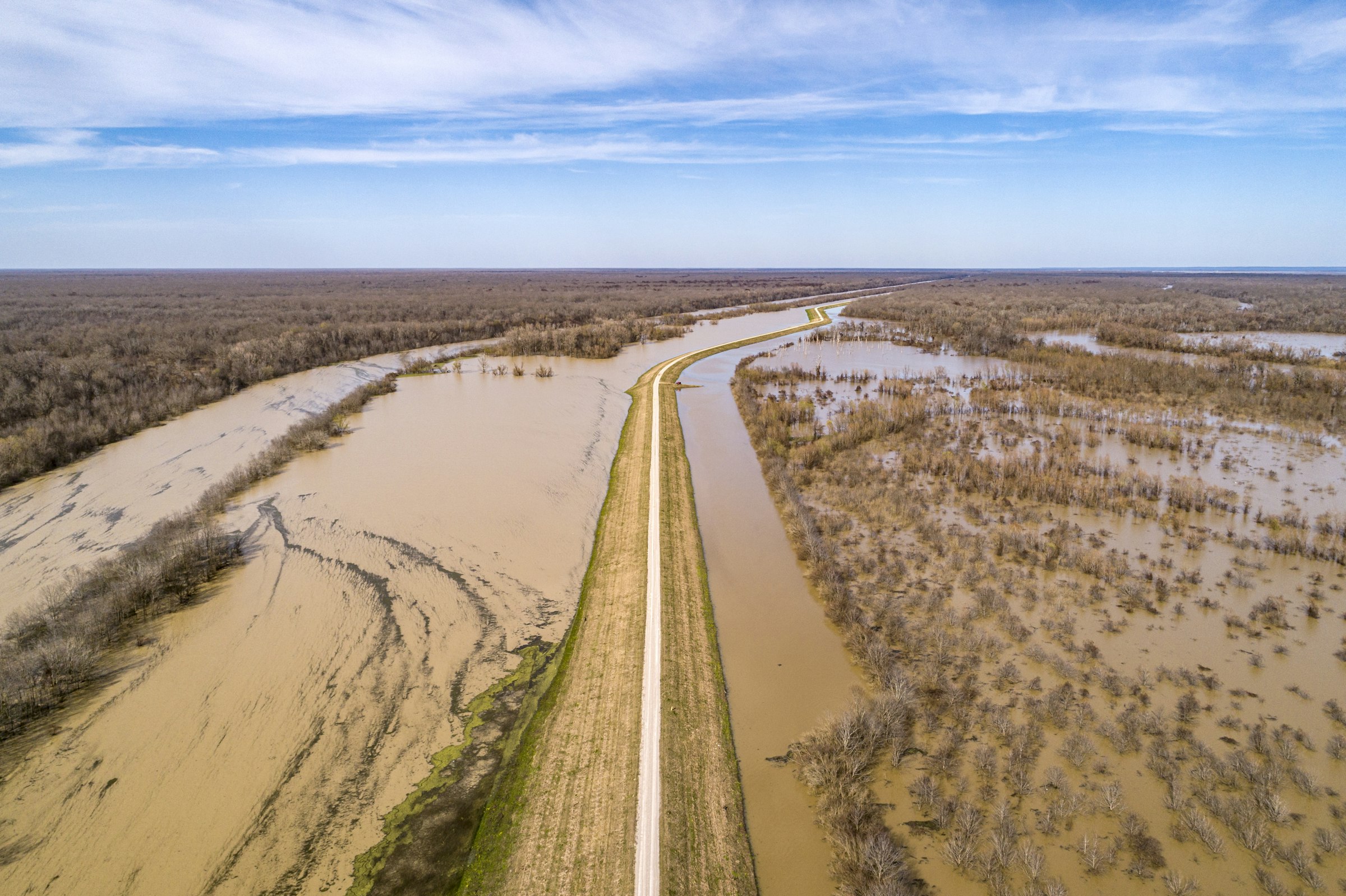 Aerial view of the Yazoo River backwaters flooding fields and woodland up to a levee road near Vicksburg, Mississippi